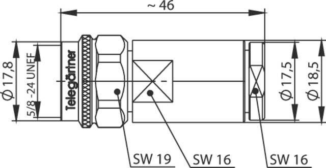 Technische Zeichnung eines Steckverbinders mit Maßen und Gewindeangaben. Enthält 'Telegärtner' als Text auf der Seite.