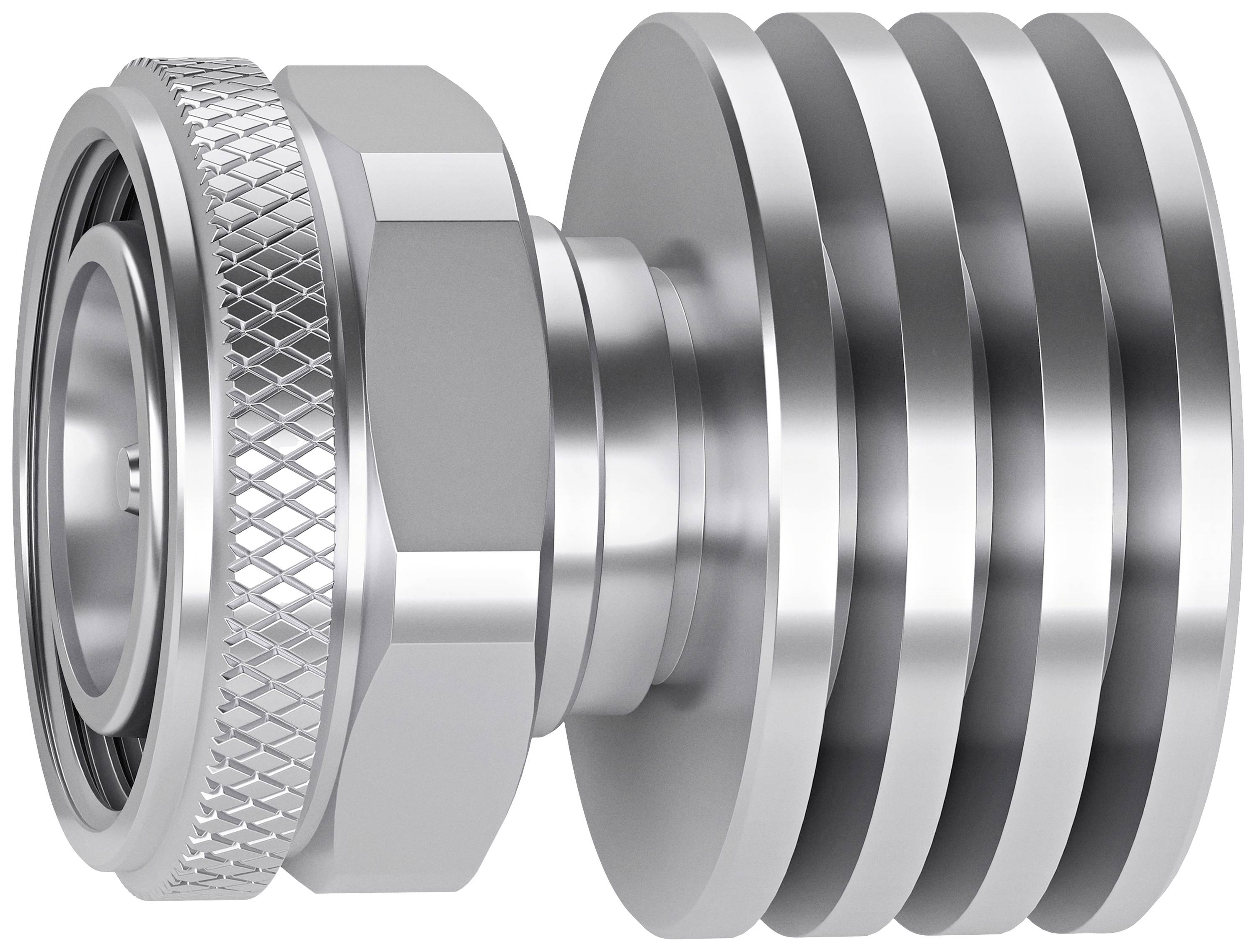 Metallischer Anschlussteil mit geriffelter Oberfläche und mehreren Rillen, möglicherweise eine Komponente für technische Anwendungen.