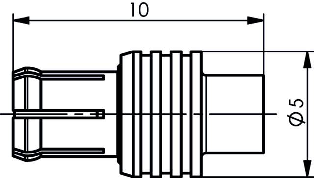 Technische Zeichnung eines zylindrischen Steckers. Breite beträgt 10 Einheiten, Durchmesser 5 Einheiten. Zeigt detaillierte Struktur.