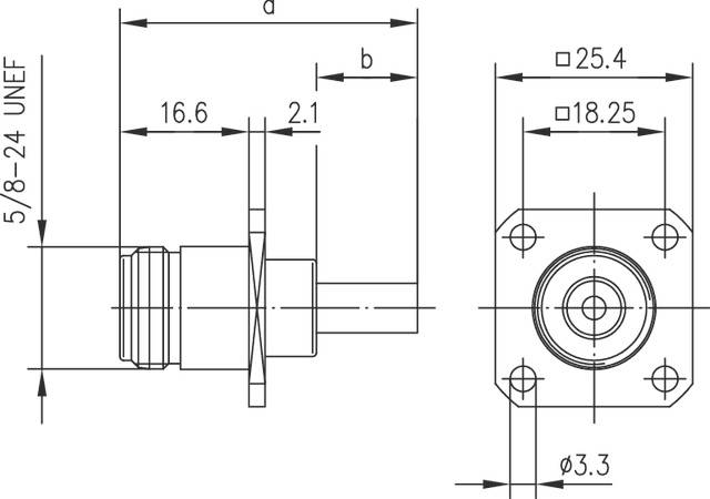 Technische Zeichnung eines Steckverbinders mit Bemaßungen in Millimetern. Angaben umfassen Gewindegröße '5/8-24 UNEF' und mehrere Längenangaben.
