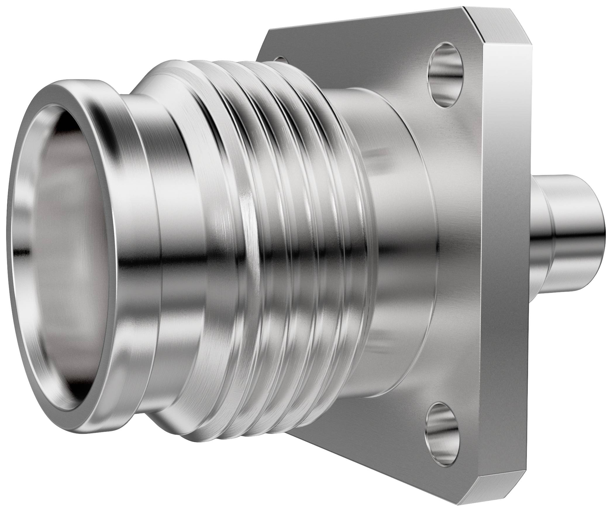 Ein silberner, metallischer Stecker mit zwei Flanschen und Verschraubungen, geeignet für elektrische oder mechanische Verbindungen.