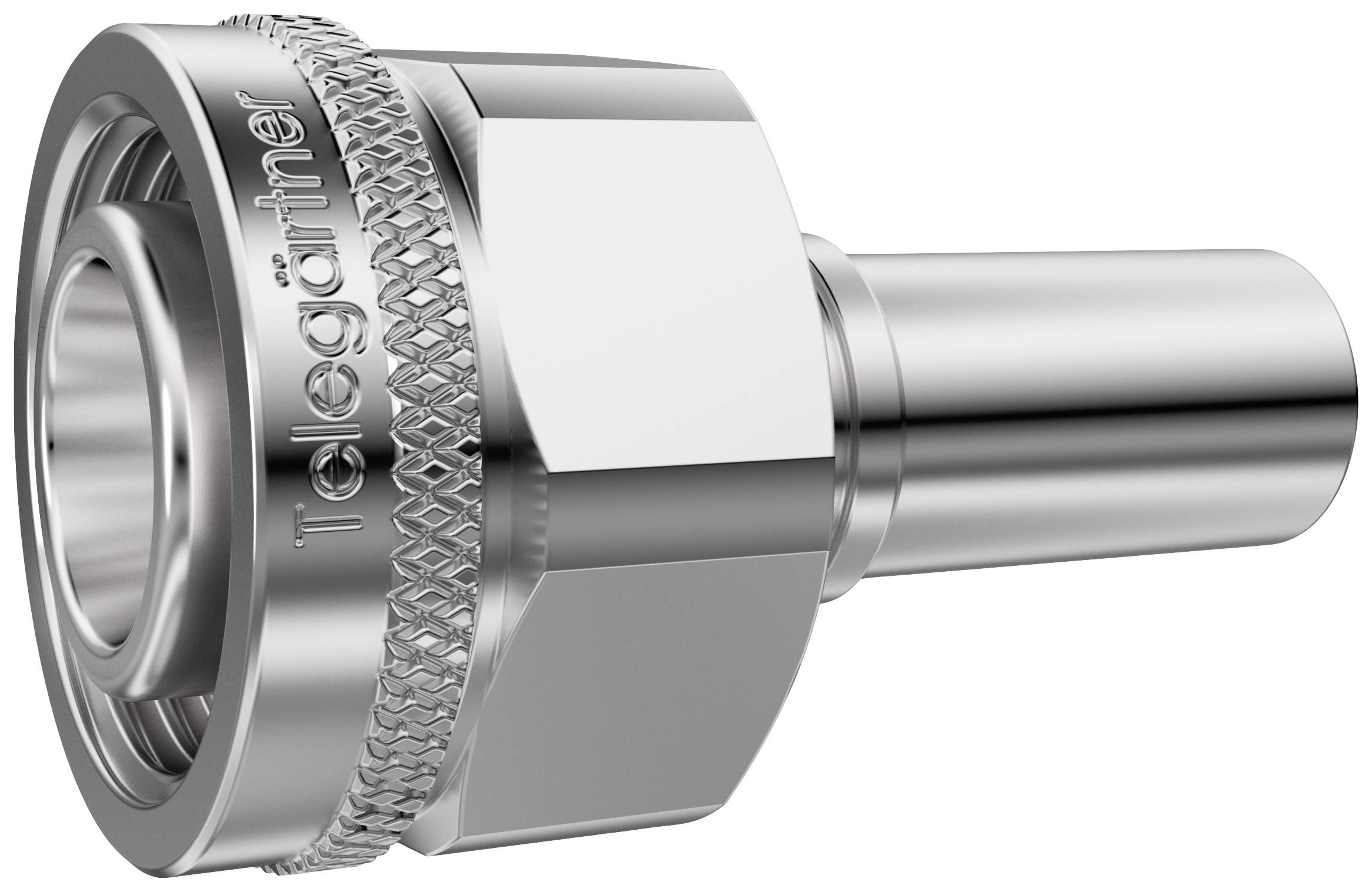 Ein metallischer Stecker mit der Aufschrift 'Telegärtner' ist abgebildet, zeigt präzise Verarbeitung und glänzende Oberfläche.