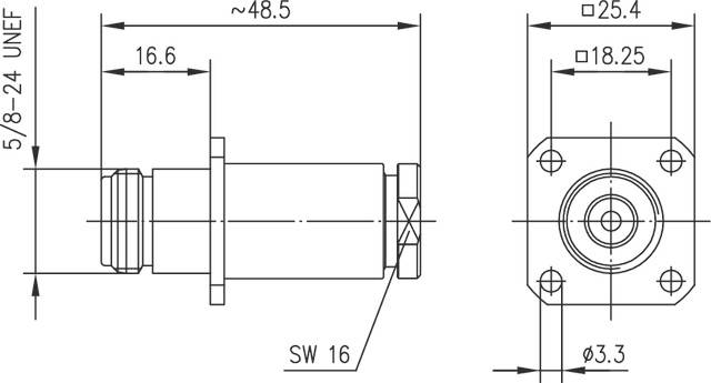Technische Zeichnung eines zylindrischen Bauteils mit Flansch. Abmessungen: Länge ca. 48,5 mm, Durchmesser 16,6 mm und 25,4 mm.