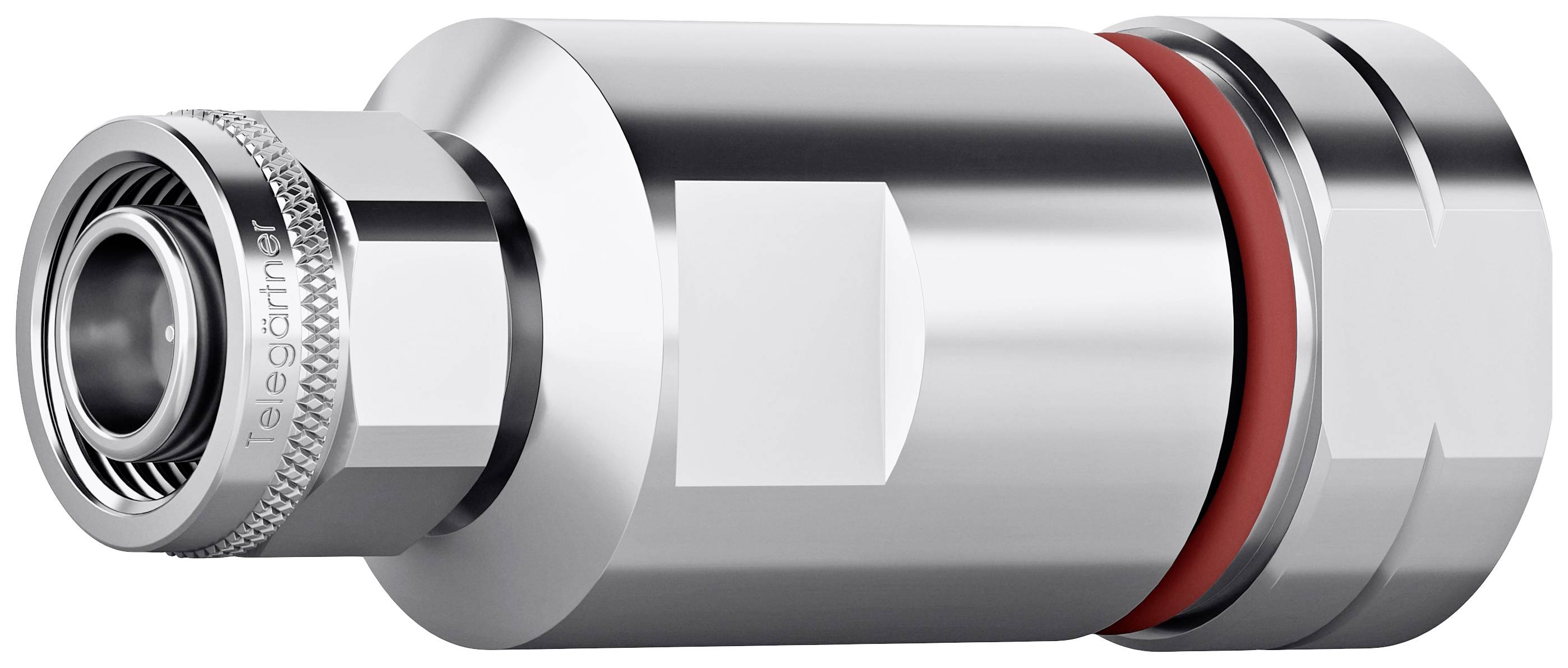 Silberner, zylindrischer Metalladapter mit feinen Details und einer roten Markierung, geeignet für industrielle Verbindungen.