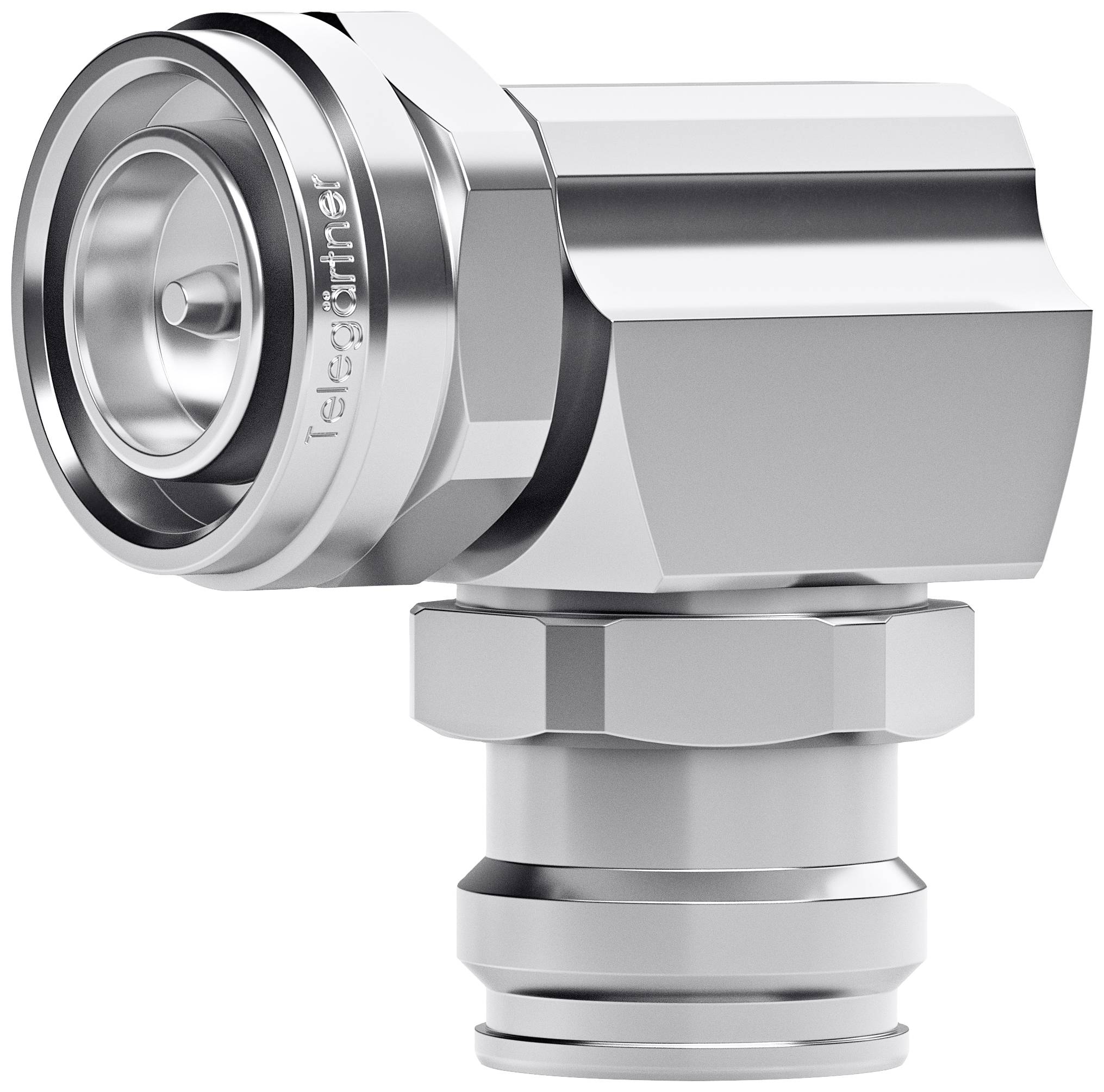 Metallischer Steckverbinder in L-Form, silberfarben, kompaktes Design, robust, wahrscheinlich für industrielle Anwendungen.