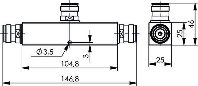 Technische Zeichnung eines Ventils mit Maßangaben: Länge 146,8 mm, Breite 25 mm, Höhe 46 mm. Anschlussdurchmesser 3,5 mm.