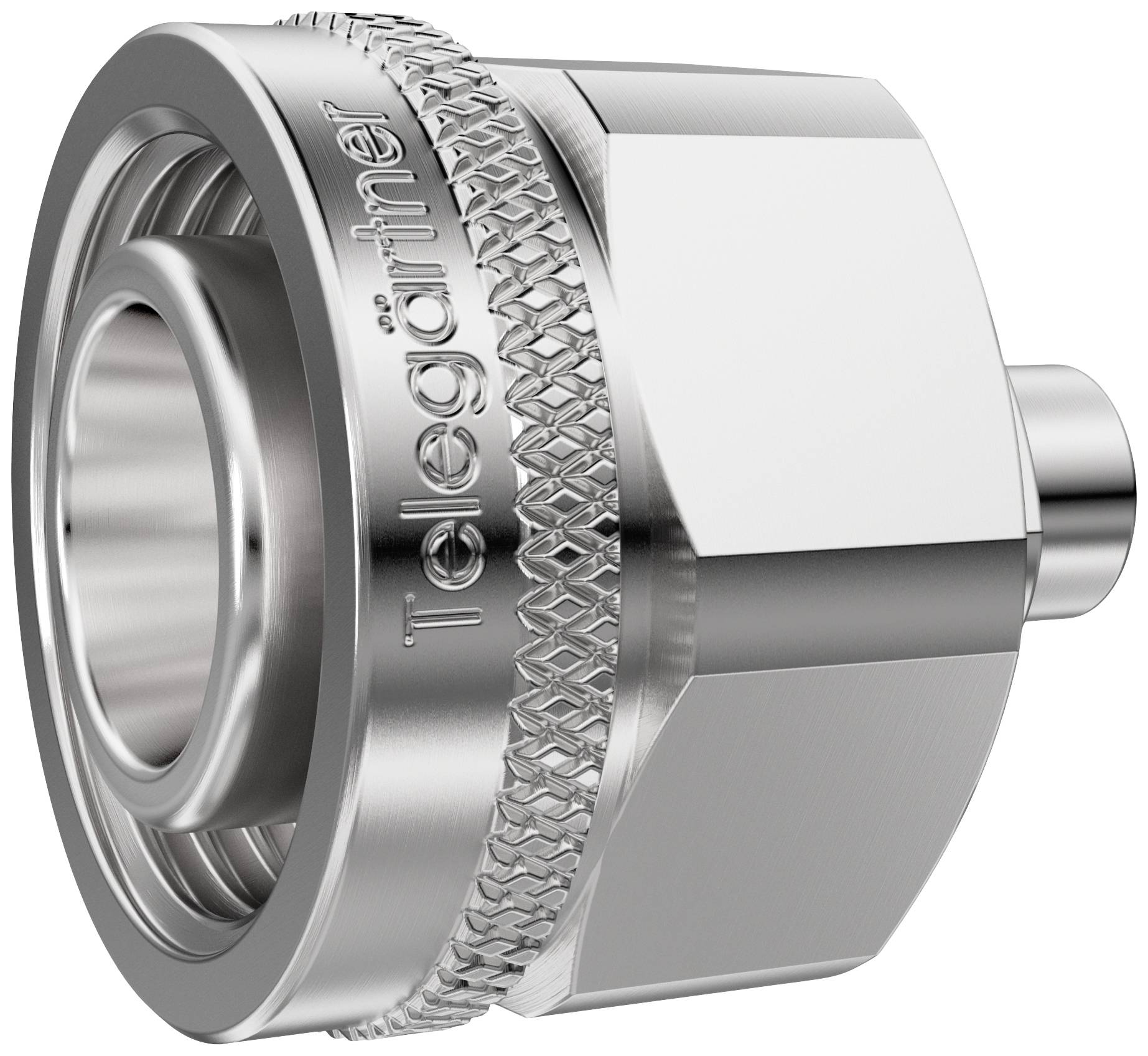 Metallischer Koaxialstecker mit eingeprägtem Schriftzug 'Telegärtner' an der Seite. Hochwertiger Adapter für Kabelverbindungen.