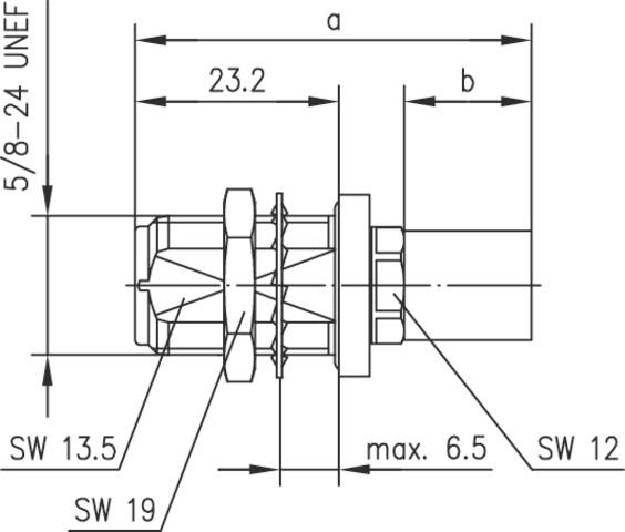 Technische Zeichnung eines zylindrischen Bauteils mit den Maßen: Außengewinde 5/8-24 UNEF, Länge 23,2 mm, verschiedene Schlüsselweiten.