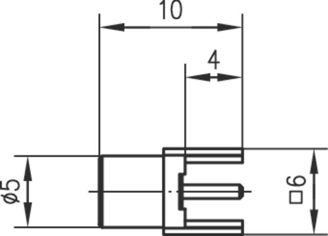 Technische Zeichnung eines Bauteils mit Maßen: Länge 10 mm, Breite 4 mm, Durchmesser 5 mm, seitliche Breite 6 mm.