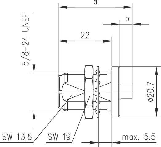 Technische Zeichnung eines mechanischen Bauteils mit Gewindemaß 5/8-24 UNEF. Die Maße 'a', 'b', '22' und weitere Details sind angegeben.