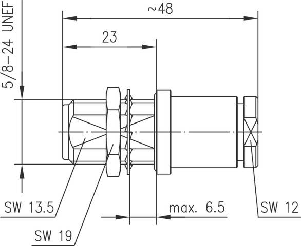 Technische Zeichnung eines Bauteils: 5/8-24 UNEF Gewinde, Gesamtlänge ~48 mm, SW 13.5, SW 19, SW 12, maximale Breite 6.5 mm.