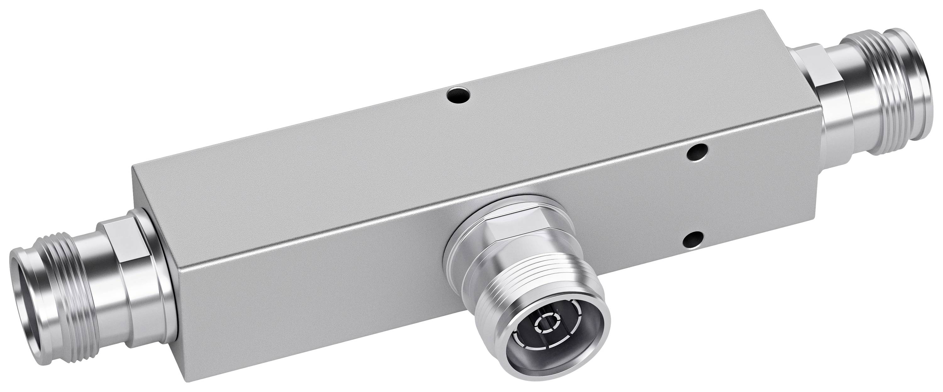 Ein metallisches Koaxial-Bauteil mit zwei Steckverbindern an den Enden und einer seitlichen Buchse, vermutlich zur Signalübertragung.