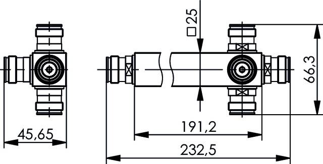 Technische Zeichnung eines T-Stücks mit Maßen: 232,5 mm Breite, 66,3 mm Höhe, 25 mm Durchmesser des Rohrs. Verbindungsdetails sichtbar.