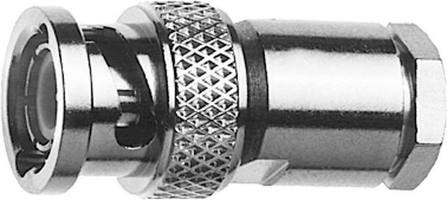 Ein silberner Koaxialstecker, vermutlich ein BNC-Stecker, für die Verbindung von Videogeräten oder Kabeln in Netzwerksystemen.