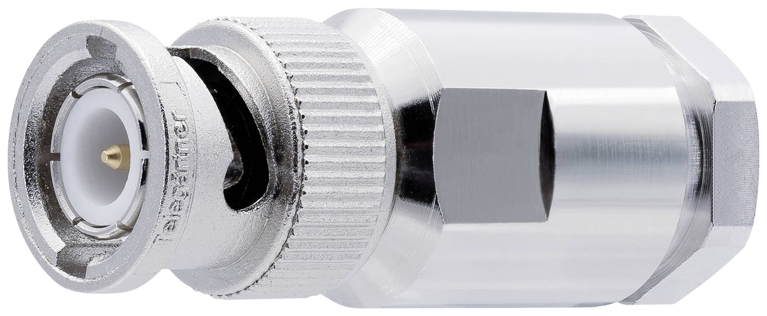 Metallischer Koaxialstecker mit geriffeltem Griff und reflektierender Oberfläche. Hauptsächlich für Elektronik- und TV-Verbindungen verwendet.