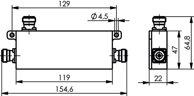 Technische Zeichnung eines rechteckigen Bauteils mit Längenangaben: Breite 154,6 mm, Höhe 64,8 mm, Tiefe 22 mm. Oben elektrische Anschlüsse.