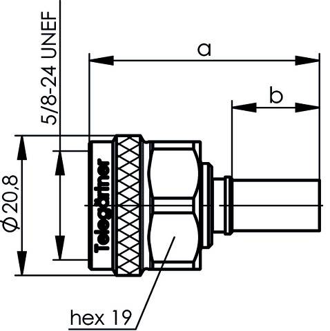 Technische Zeichnung eines Steckverbinders mit den Maßen 5/8-24 UNEF, Ø20,8 mm, hex 19, a und b. Haupttext: 'Telegärtner'.