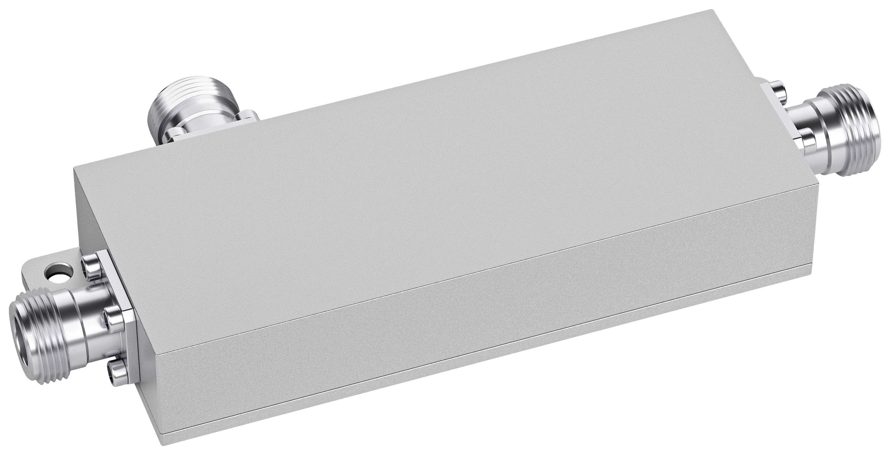 Ein rechteckiger, metallischer Hochfrequenz-Hybridkoppler mit drei Anschlussstücken, verwendet in Kommunikationsgeräten.