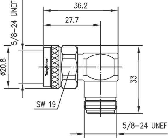 Technische Zeichnung eines Winkelfittings mit Maßen: Länge 36,2 mm, Höhe 33 mm, Gewinde 5/8-24 UNEF, Durchmesser 20,8 mm, SW 19.