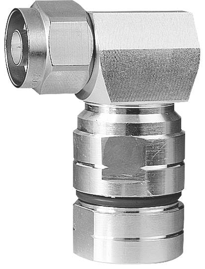 Ein metallener L-Stecker mit Gewinde, typisch für Verbindungsanwendungen in der Elektrotechnik. Glänzende Oberfläche, silberfarbig.