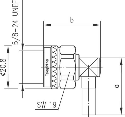 Technische Zeichnung eines Winkeladapters mit Bemaßungen und Beschriftungen. Hauptmaße: 5/8-24 UNF, Durchmesser 20,8 mm, SW 19.