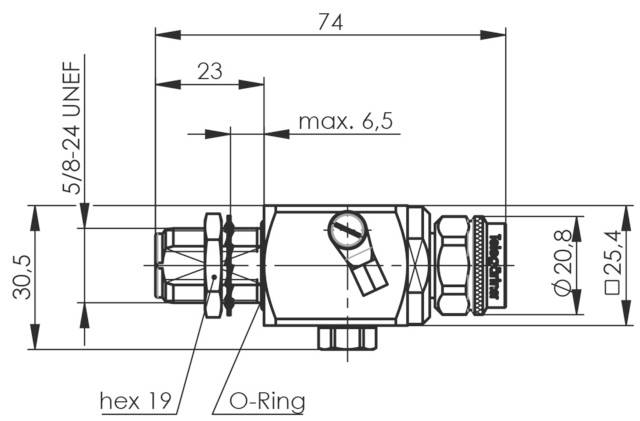 Technische Zeichnung eines Ventils, zeigt Abmessungen in Millimetern und Anschlussdetails, einschließlich O-Ring und Größenangaben.