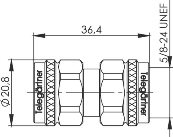 Technische Zeichnung eines Verbinders mit den Maßen: Länge 36,4 mm, Durchmesser 20,8 mm, Gewindegröße 5/8-24 UNEF, beschriftet mit 'Telegärtner'.
