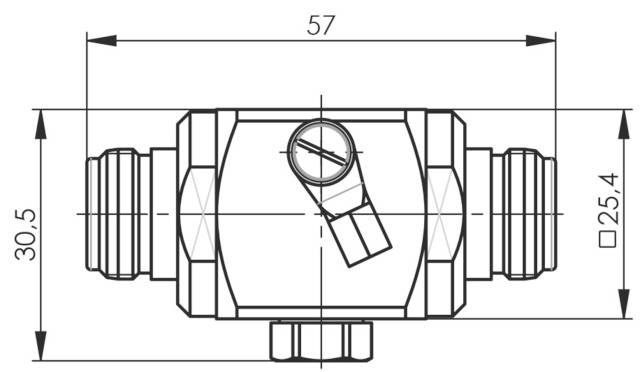 Technische Zeichnung eines Verbinders mit Abmessungen: Länge 57, Breite 30,5, Höhe 25,4 Millimeter. Zentrierten Ventil mit Pfeil.