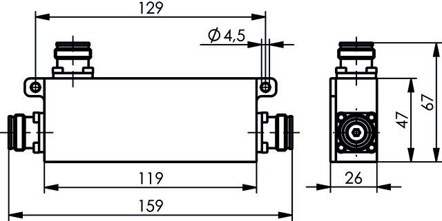 Technische Zeichnung eines rechteckigen elektronischen Bauteils mit Maßen in Millimetern. Zeigt Anschlüsse und Lochdurchmesser.