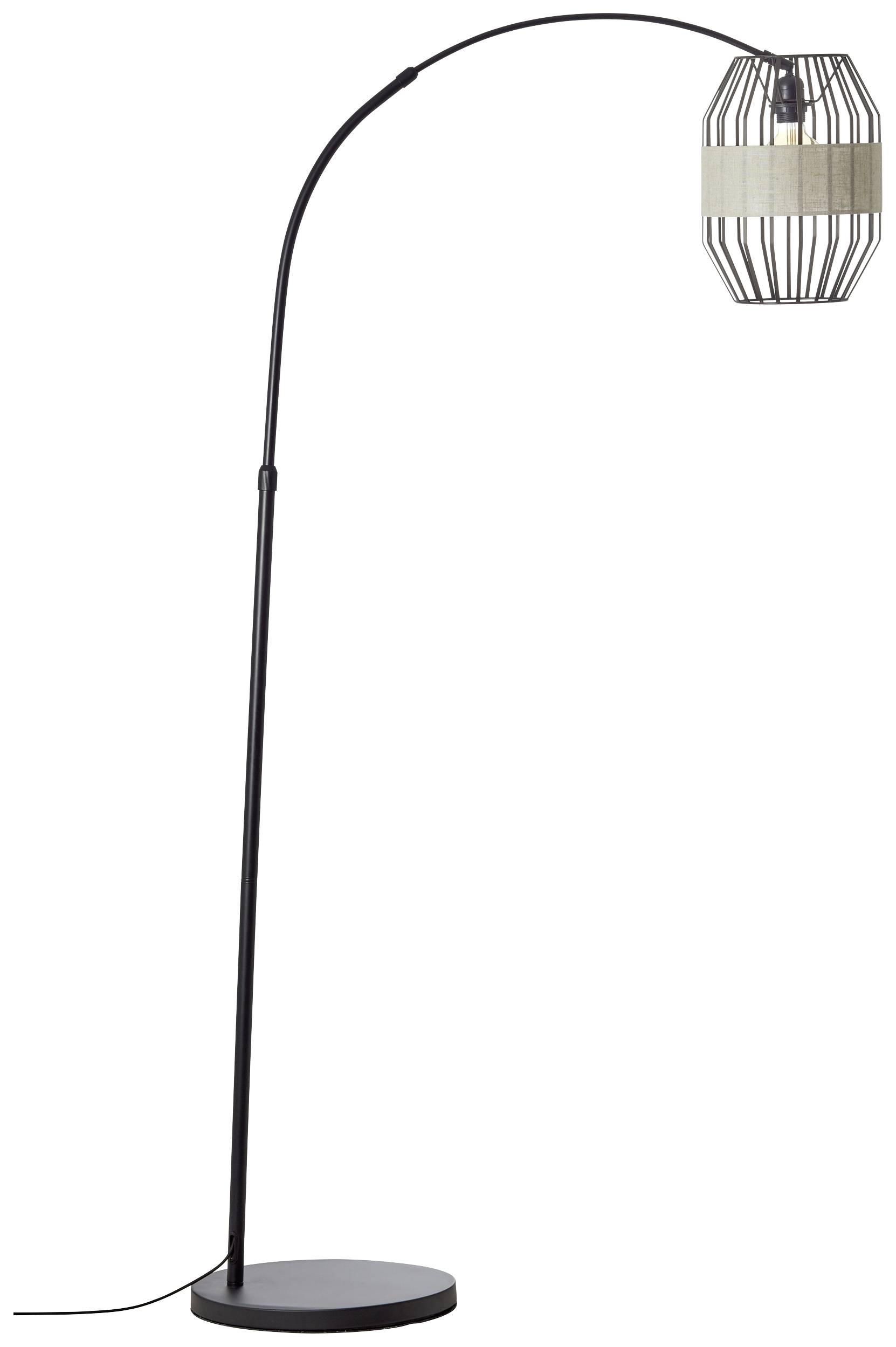 Stehlampe mit schlankem, gebogenem Metallgestell und drahtigem Lampenschirm. Schlichtes Design.