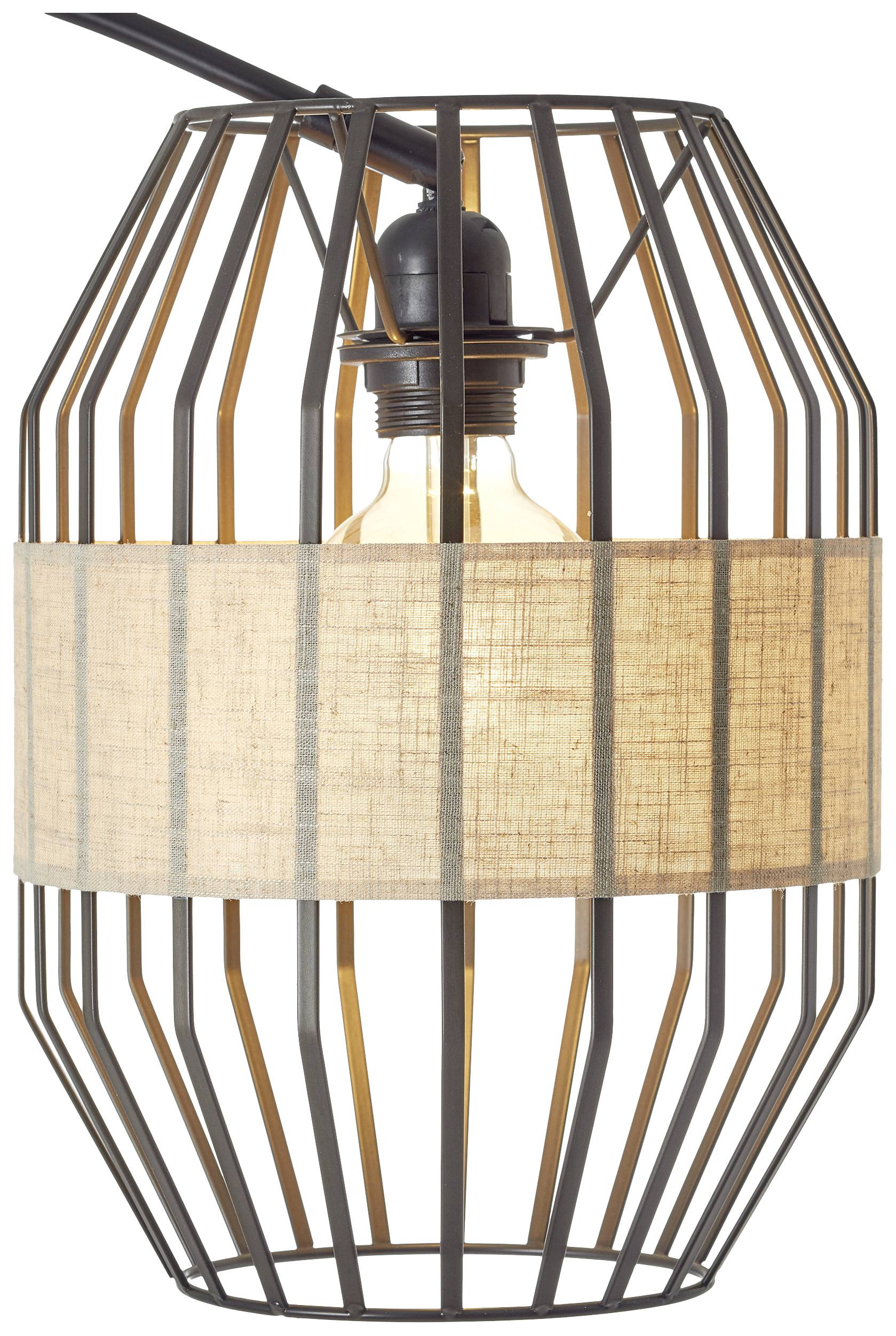 Eine metallene Käfiglampe mit einem Leuchtmittel in der Mitte und einem textilen Lampenschirm, der warmes Licht ausstrahlt.