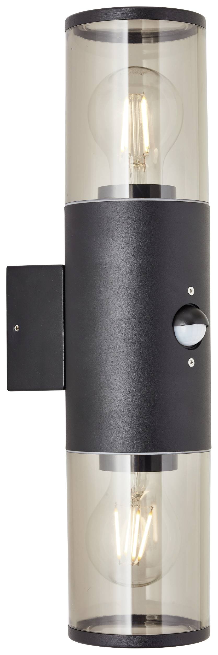 Schwarze Wandleuchte mit zwei sichtbaren Glühbirnen, montiert auf einer rechteckigen Wandplatte. Vertikales Design für Innen- oder Außenbereich.