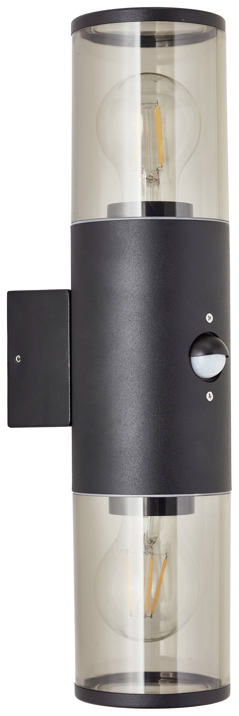 Eine moderne, zylinderförmige Außenwandleuchte aus Metall mit zwei transparenten Glasschirmen und sichtbaren Glühbirnen.