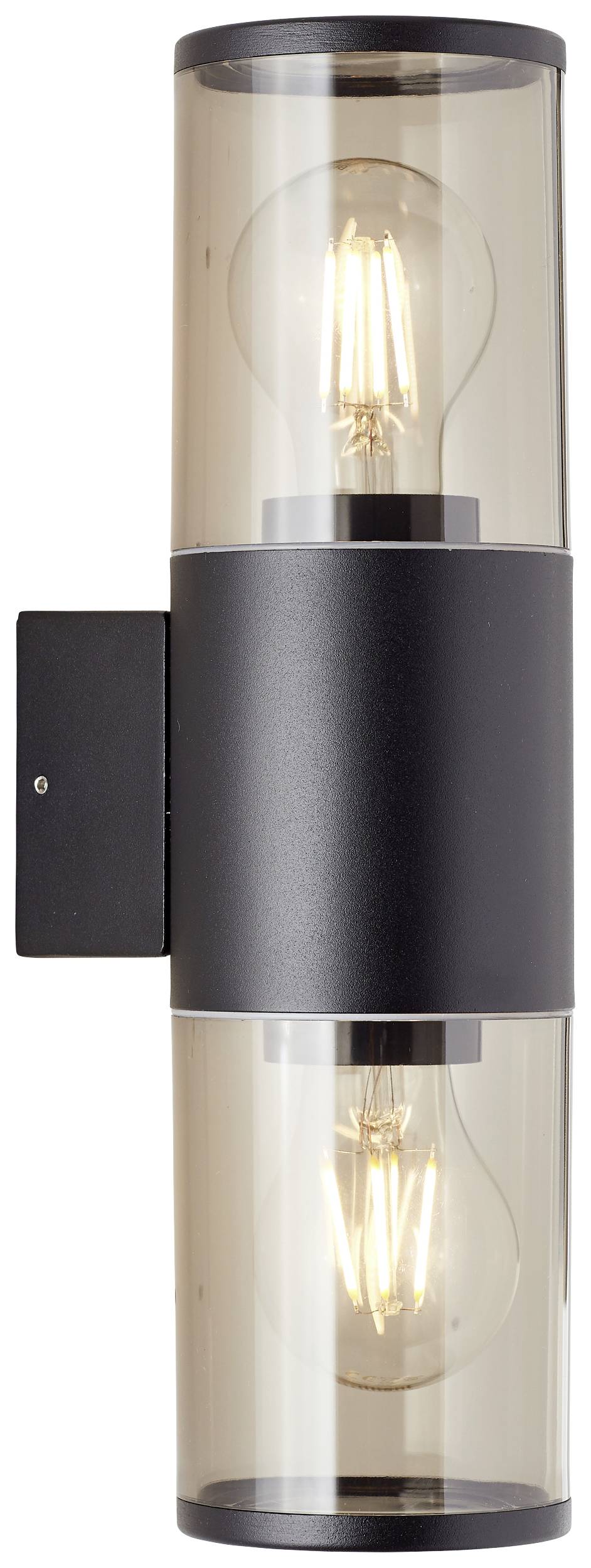 Schwarze, moderne Wandleuchte mit zwei sichtbaren Glühbirnen, eine oben und eine unten.