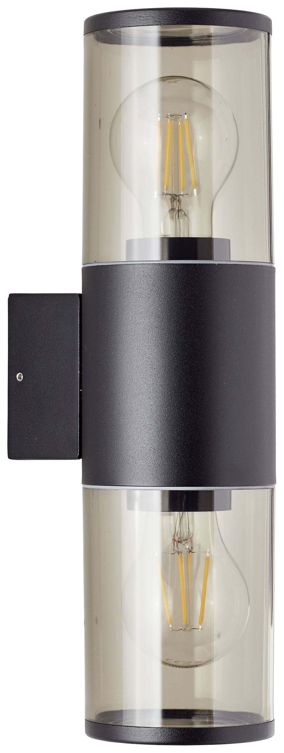 Eine moderne, vertikale Wandleuchte mit zwei sichtbaren, kugelförmigen Glühbirnen in einem zylindrischen, transparenten Gehäuse.