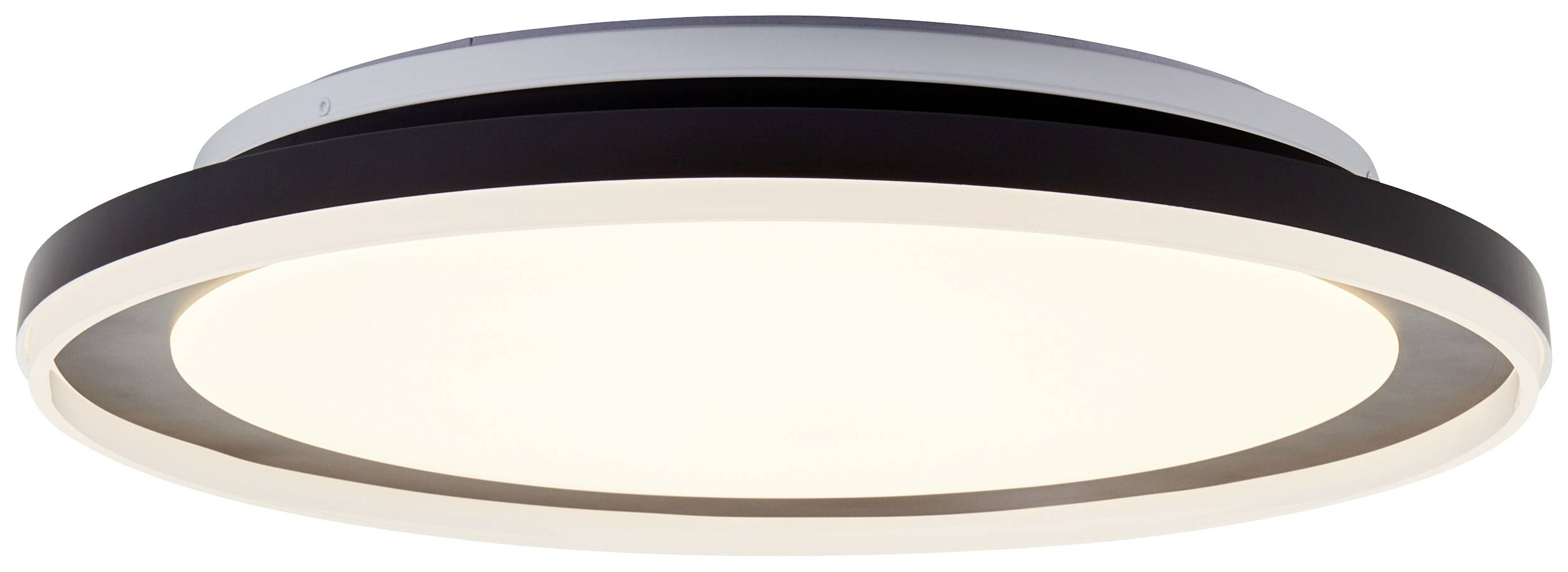 Flache, runde Deckenleuchte in Schwarz und Weiß mit modernem, minimalistischem Design, passend für verschiedene Wohnbereiche.