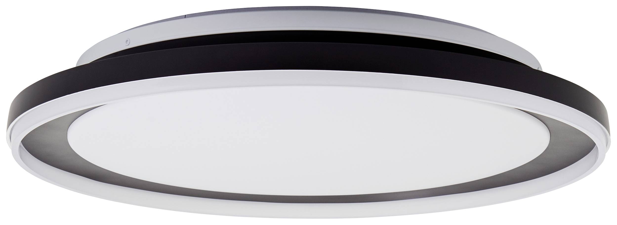 Eine runde Deckenleuchte mit schwarzer und weißer Umrandung, die an einer flachen Decke montiert ist. Modernes Design.