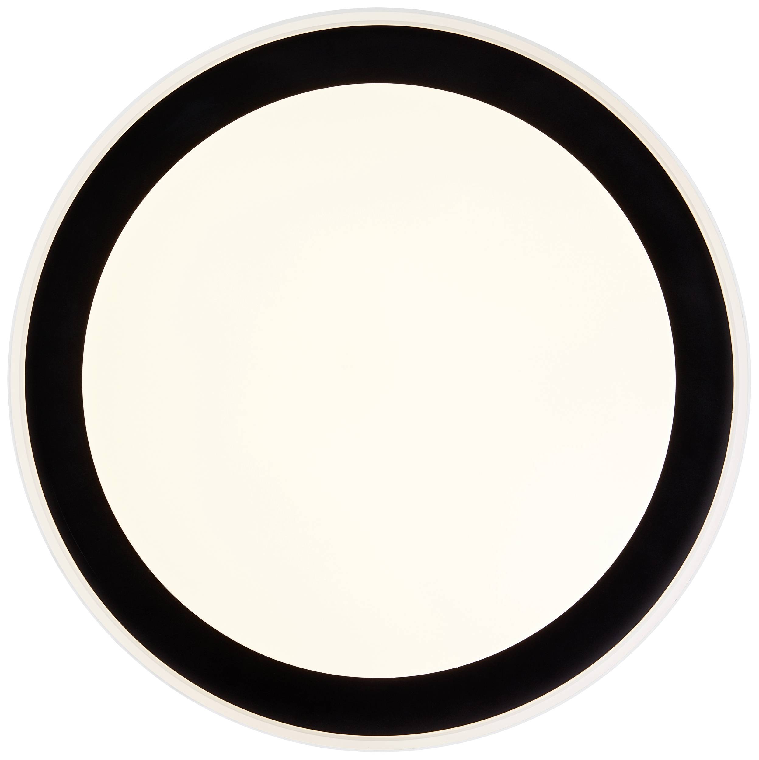 Runder, flacher LED-Deckenleuchter mit modernem Design. Ein leuchtender Kreis mit breitem, schwarzem Rand.