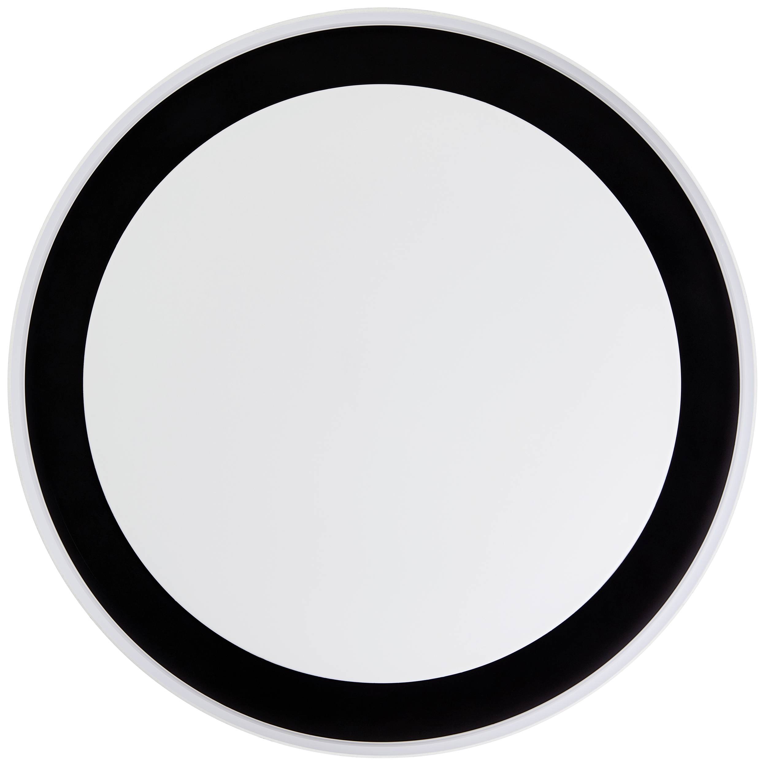 Runder Spiegel mit schwarzem Rand.