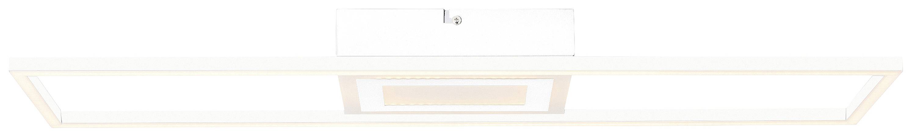 Eine rechteckige, minimalistische Deckenleuchte in Weiß mit modernen LED-Streifen an den Rändern, die für klare Beleuchtung sorgt.