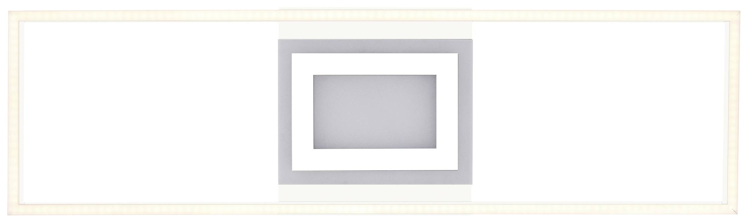 Eine minimalistische Kunstinstallation mit drei verschachtelten Quadraten, in den Farben Grau und Weiß, auf einem rechteckigen, weißen Hintergrund.