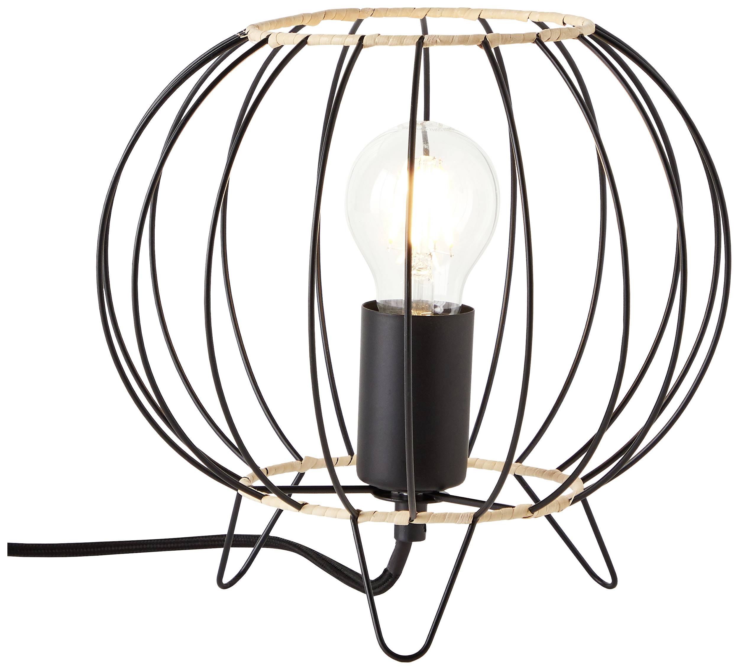 Eine runde Tischlampe mit schwarzem Drahtgestell und sichtbarer Glühbirne. Sie ist modern gestaltet und angeschlossen.