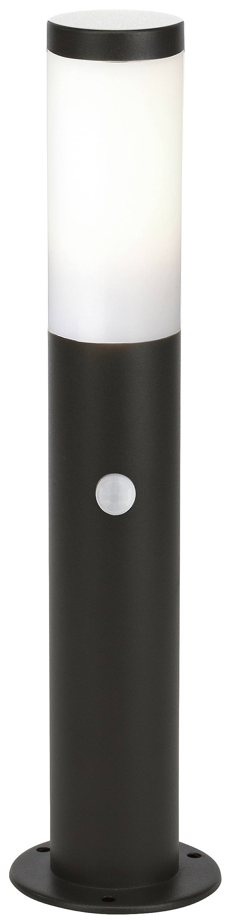 Schwarzer, zylindrischer Außenleuchtenpfosten mit weißem Leuchtenkopf und integriertem Bewegungssensor.