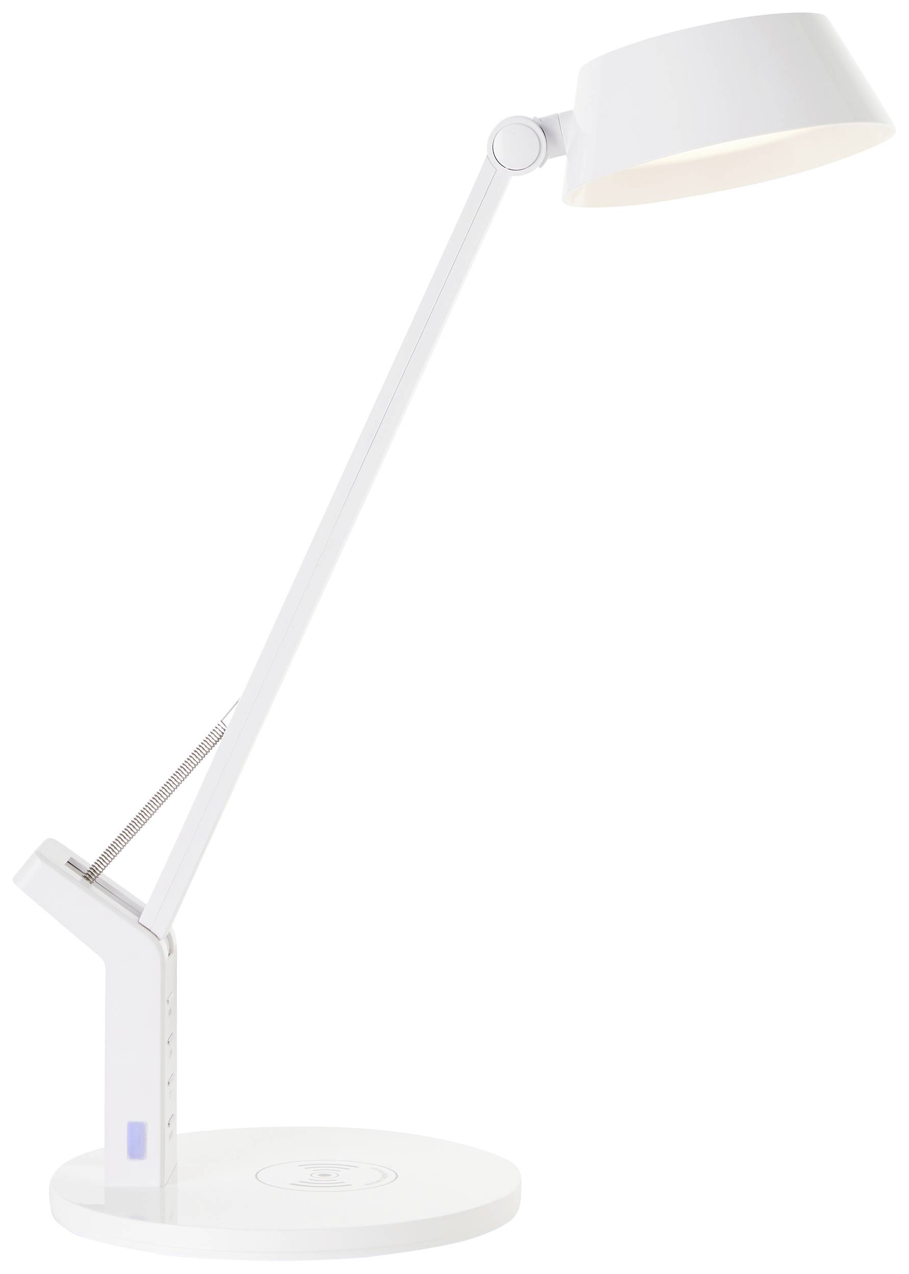 Weiße, moderne Schreibtischlampe mit verstellbarem Arm und rundem Lampenschirm, auf rundem Standfuß, geeignet für Arbeitsflächenbeleuchtung.