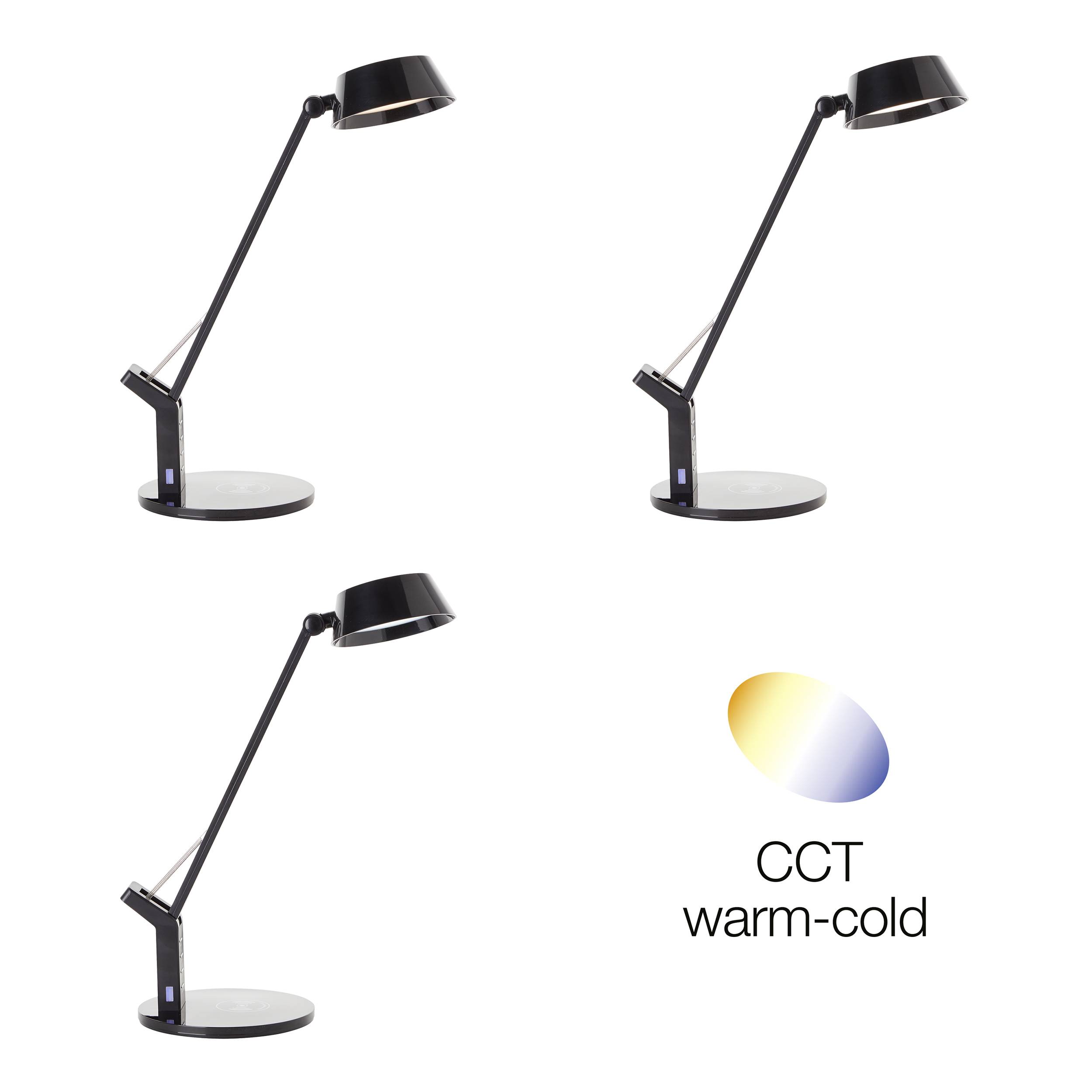 Drei schwarze Schreibtischlampen in verschiedenen Neigungswinkeln. Rechts ein Farbskalen-Icon mit der Beschriftung 'CCT warm-cold'.