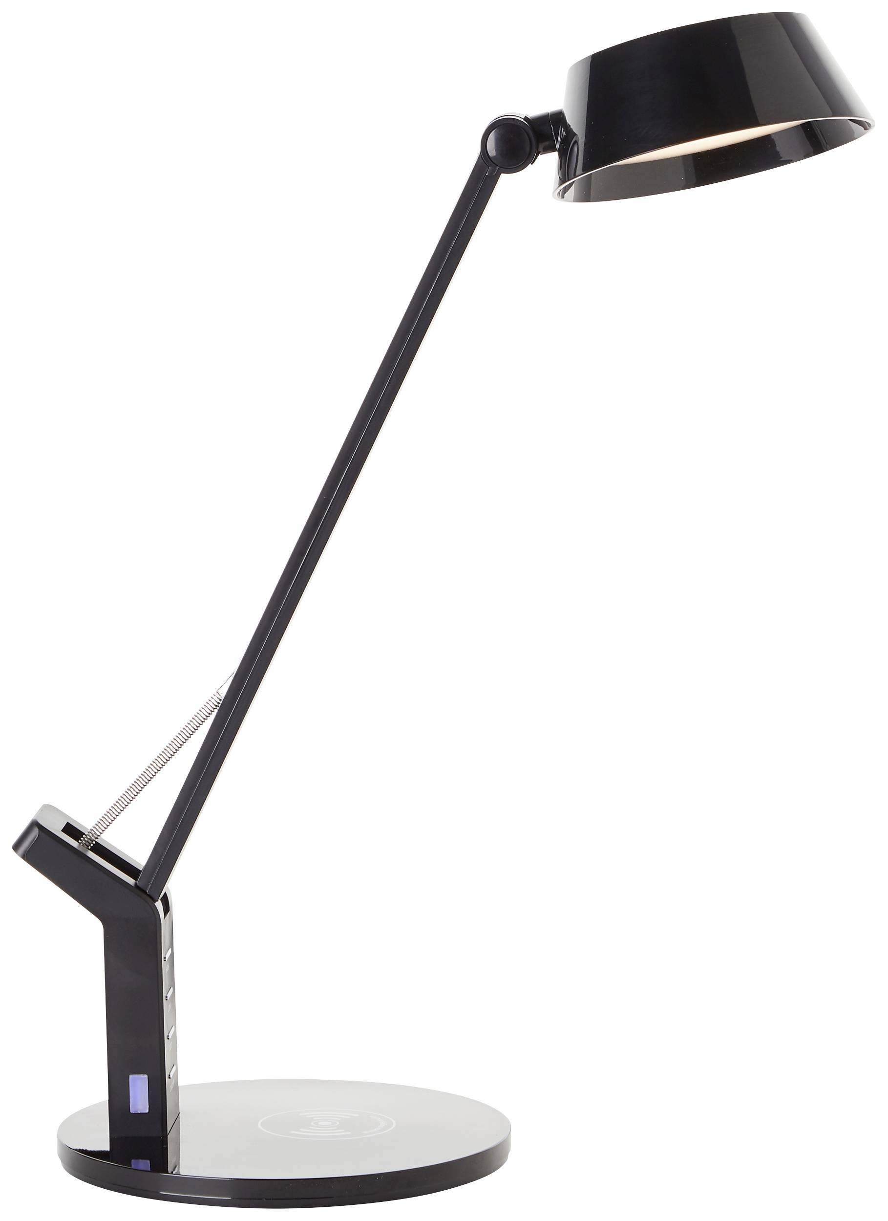 Schwarz glänzende Schreibtischlampe mit verstellbarem Arm und runder Basis. Modernes Design, geeignet für Büro- oder Wohnraumbeleuchtung.
