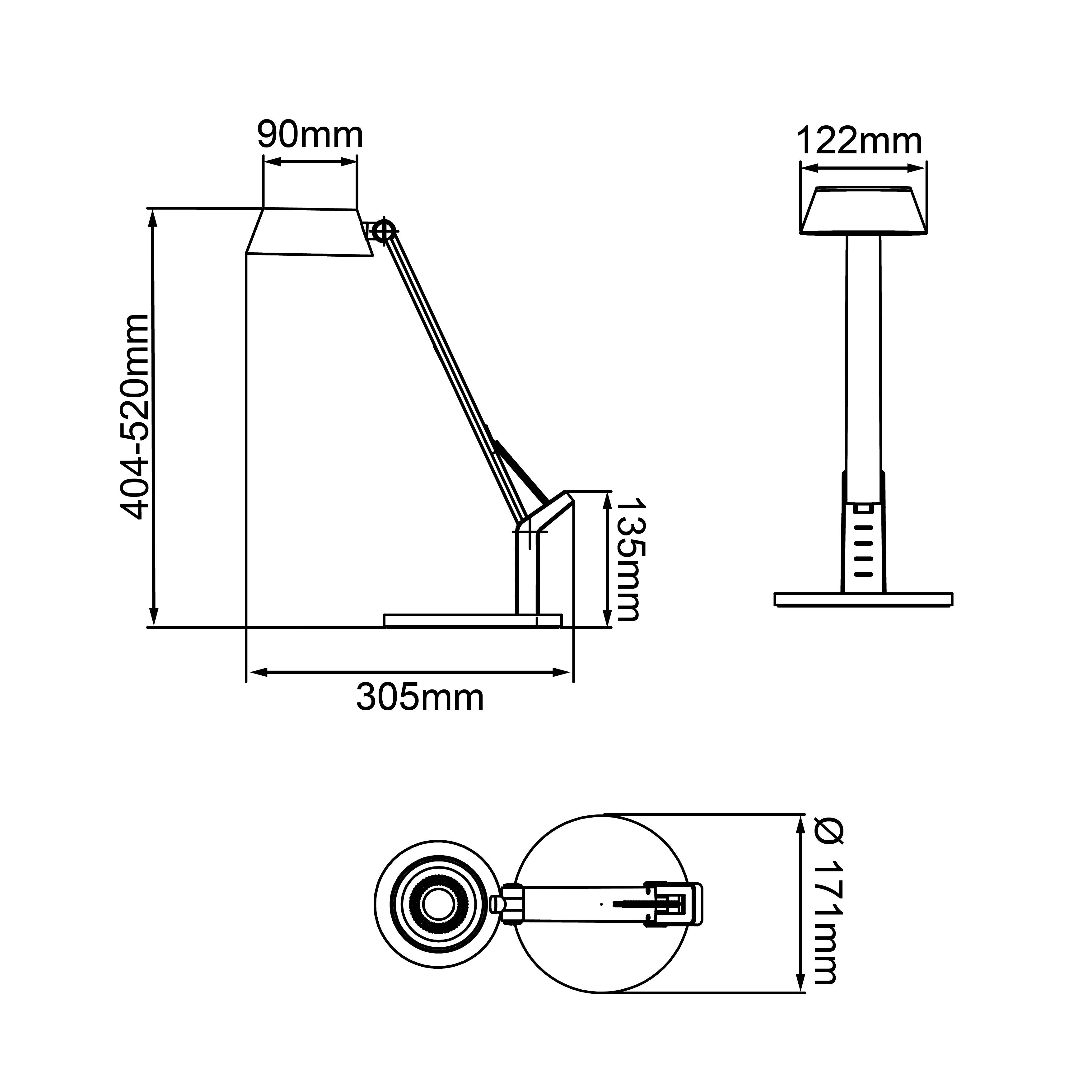 Technische Zeichnung einer verstellbaren Tischlampe mit Abmessungen: Höhe 404-520 mm, Breite 122 mm, Basisdurchmesser 171 mm.