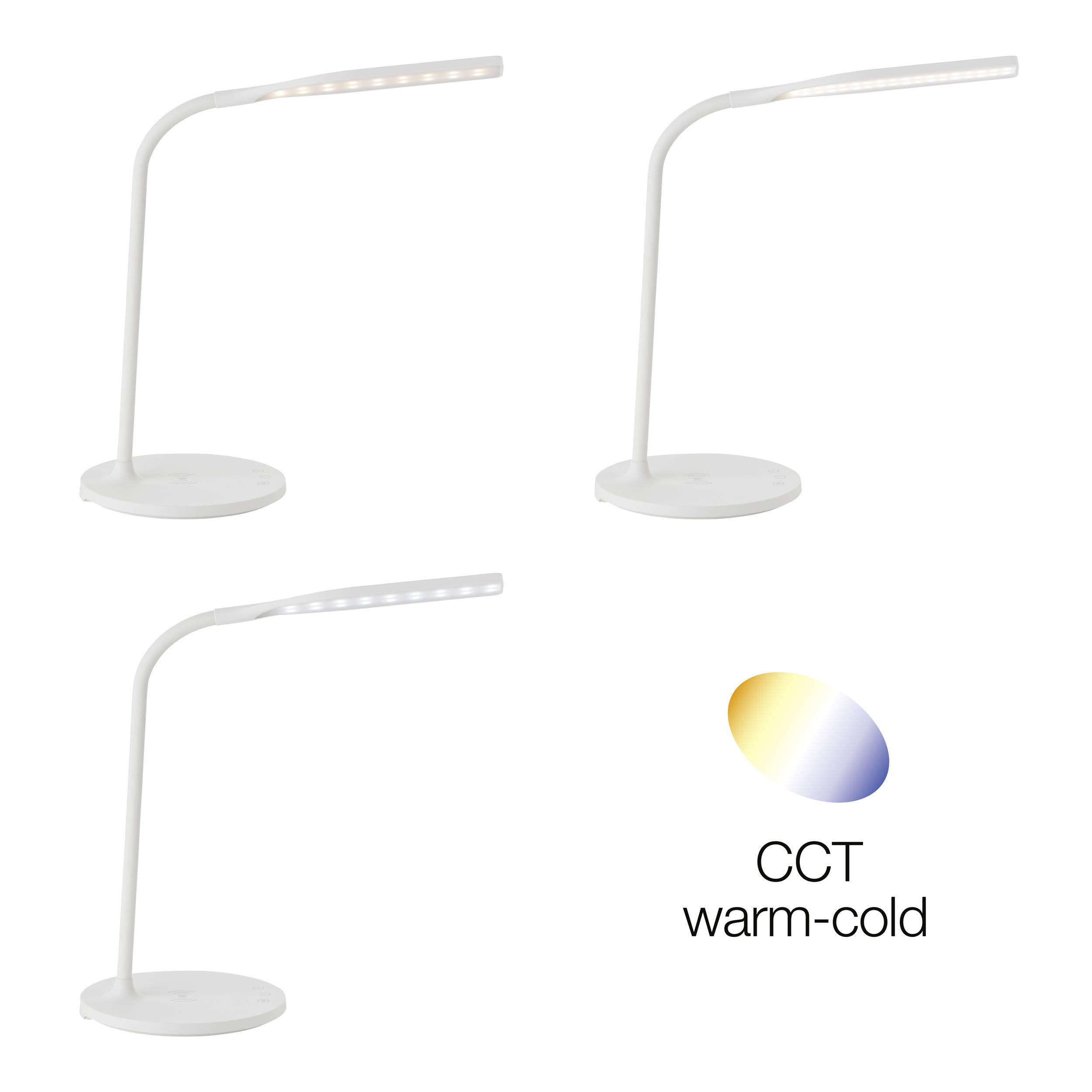 Drei weiße Tischlampen mit gebogenem Hals und LED-Leuchten auf weißem Hintergrund. Rechts unten ein Diagramm mit der Aufschrift 'CCT warm-cold'.