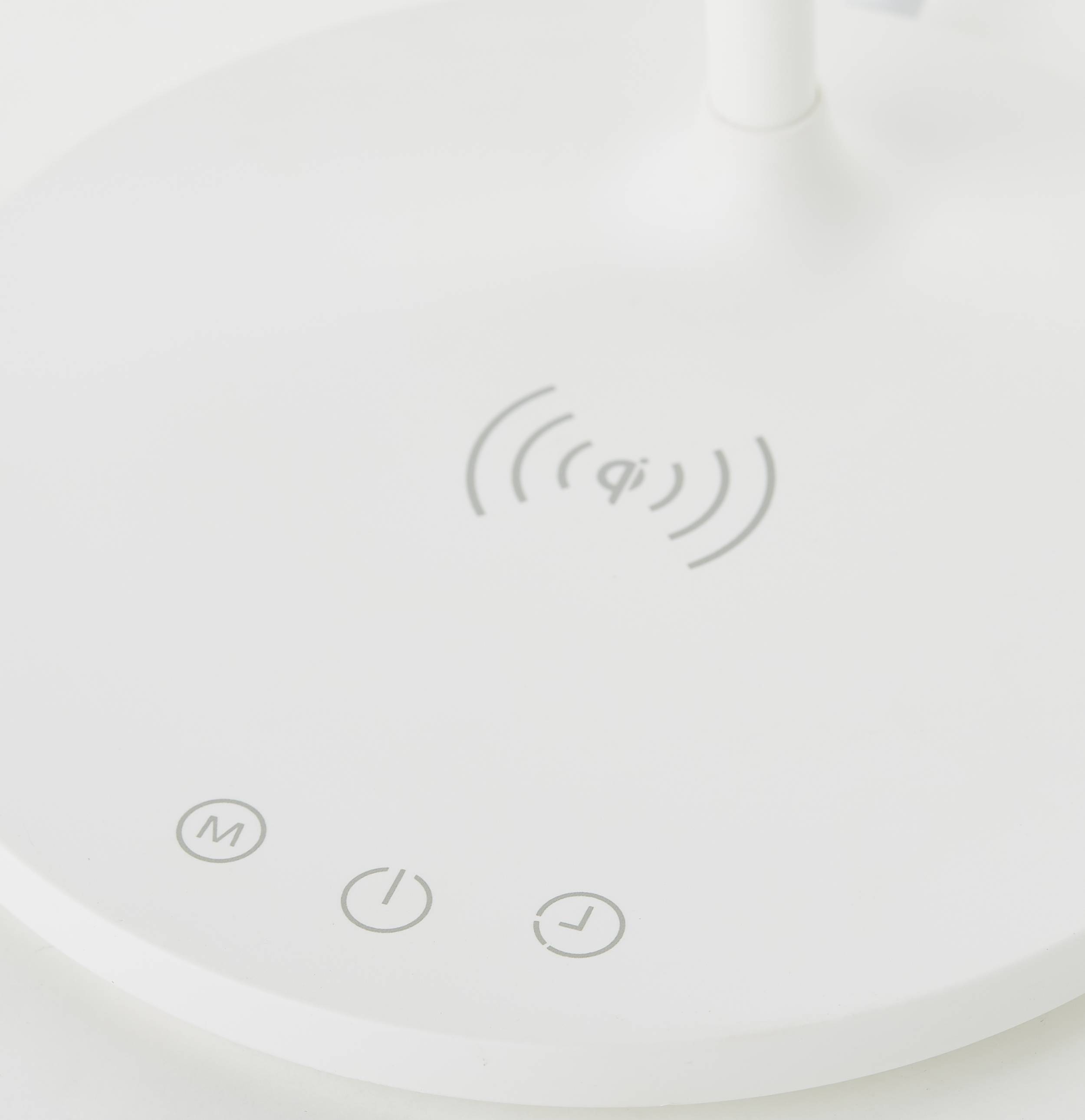 Weiße Basis eines kabellosen Ladegeräts mit Qi-Symbol und drei Touch-Tasten mit Symbolen für Modi, Ein/Aus und Timer.