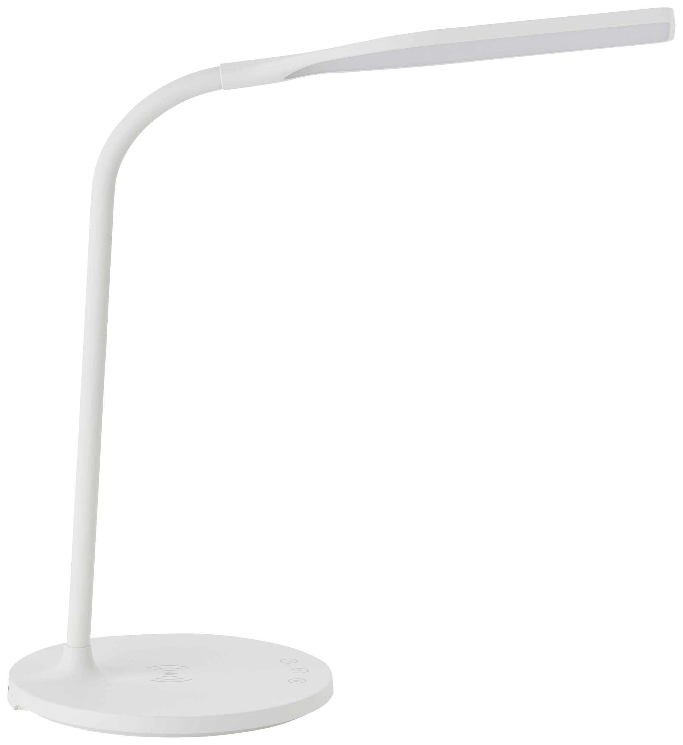 Eine moderne, weiße LED-Schreibtischlampe mit flexiblem Hals und rundem Sockel, geeignet für die Beleuchtung von Arbeitsbereichen.